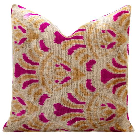 Canvello Handmade Pink and Gold Floral Design Throw Pillow - 16x16 inch Silk Velvet Vegetable Dyed with Premium Down