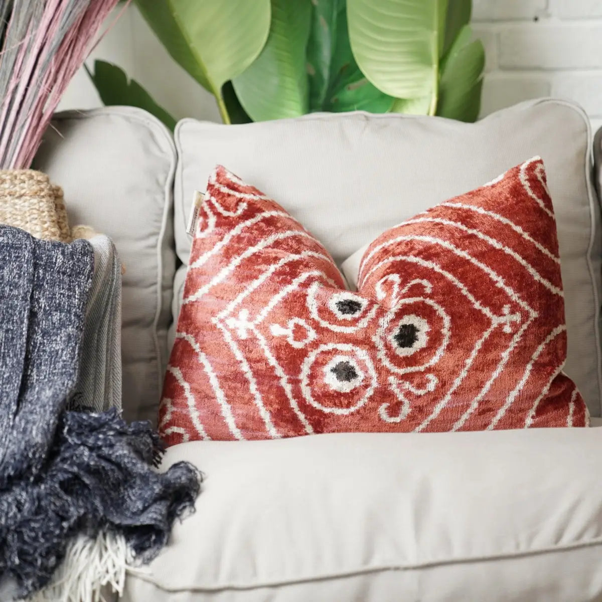 Canvello Handmade Red Brown Floral Throw Pillow with Down Insert -16’’X24’’ - Canvello