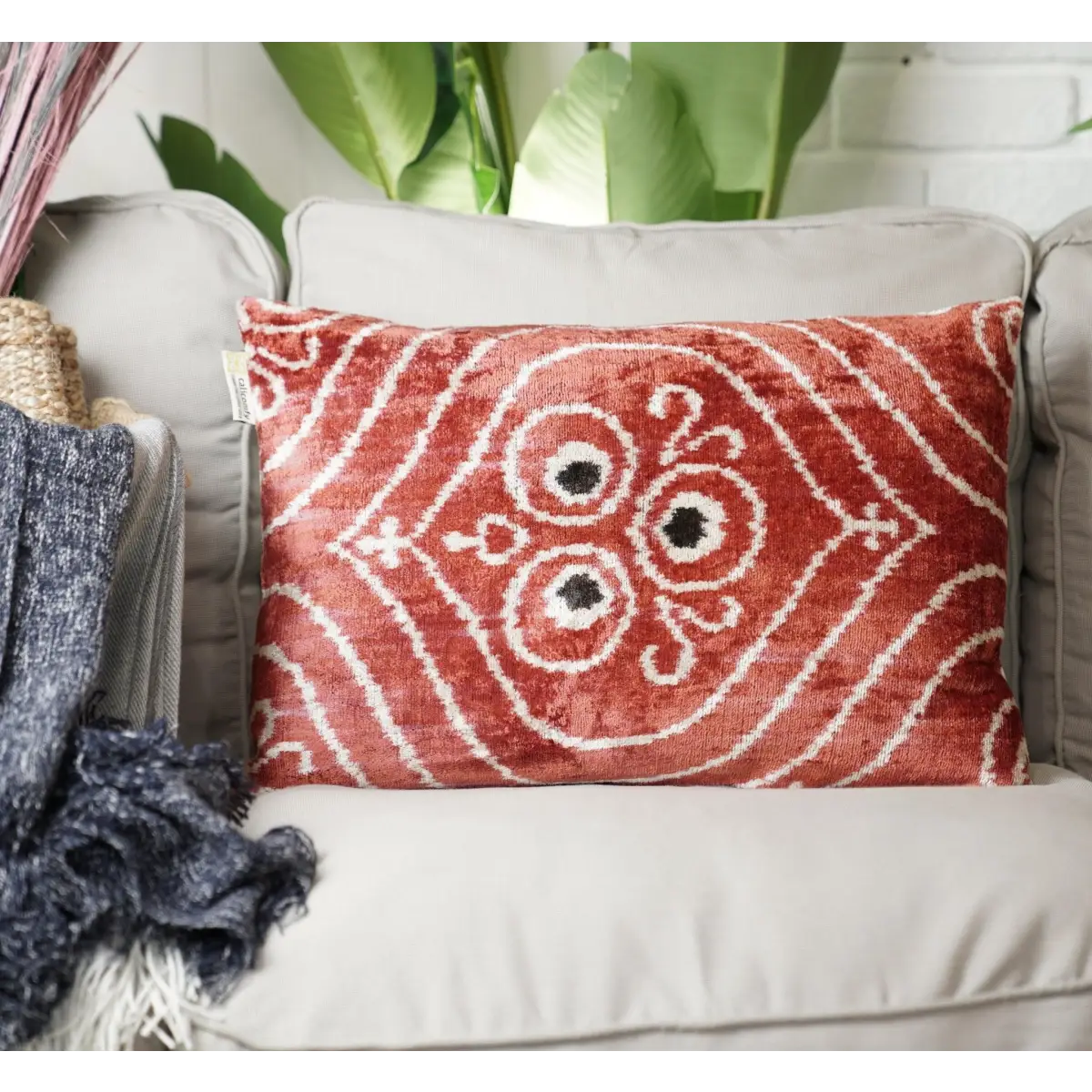 Canvello Handmade Red Brown Floral Throw Pillow with Down Insert -16’’X24’’ - Canvello