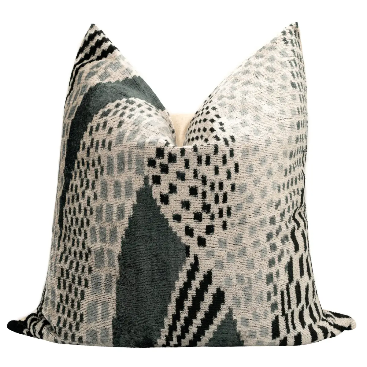Canvello Handmade Silk Velvet Throw Pillow with Down Feather Insert – Geometric Black and Grey Design - 24’’x24’’