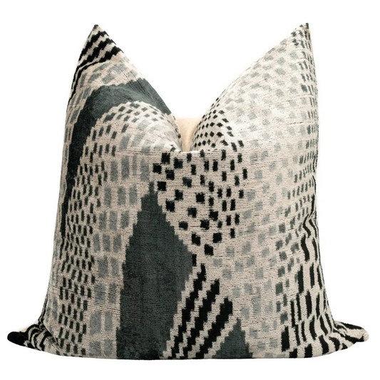 Canvello Handmade Silk Velvet Throw Pillow with Down Feather Insert – Geometric Black and Grey Design - 24’’x24’’