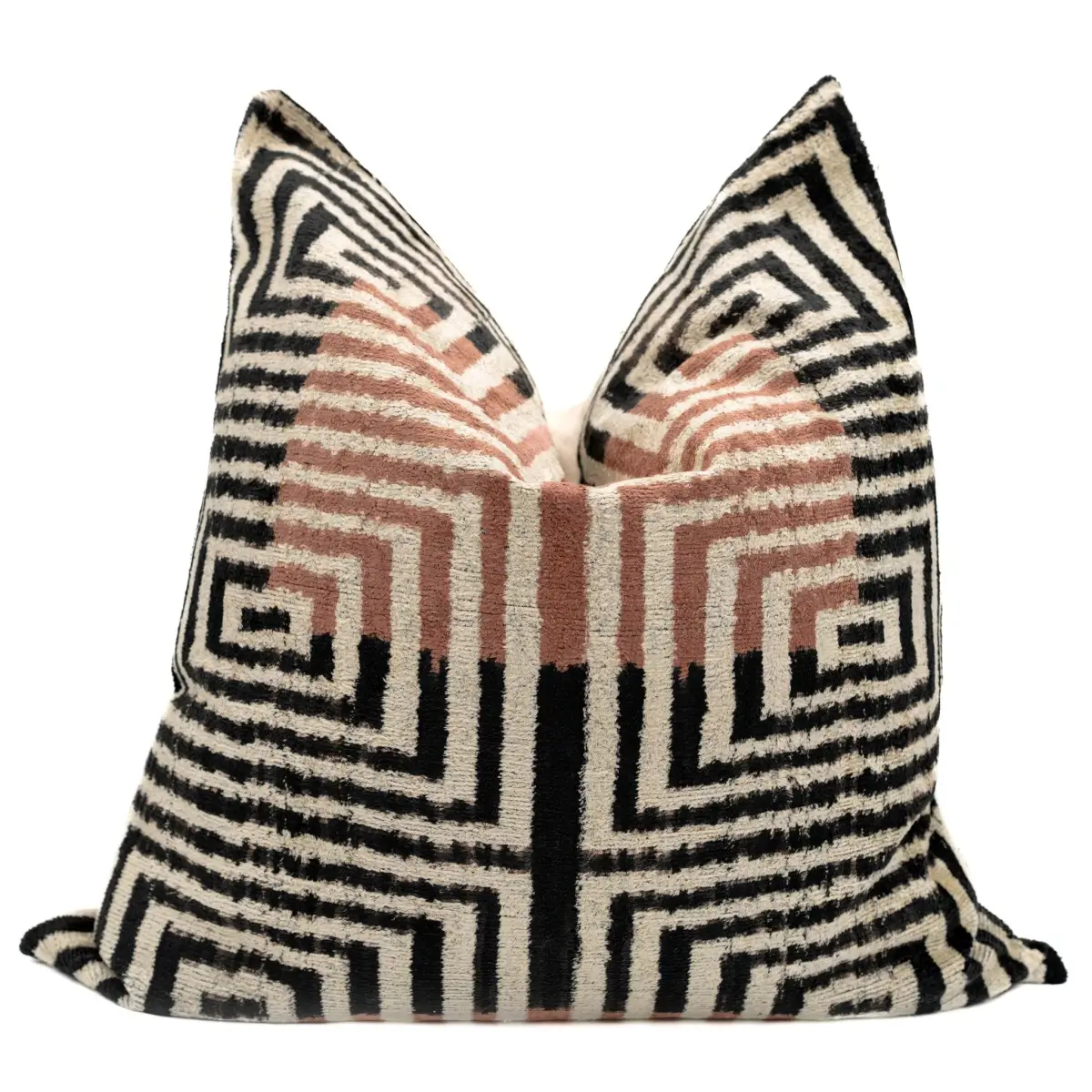 Canvello Handmade Silk Velvet Throw Pillow with Down Feather Insert – Maze Pattern in Black Grey and Terracotta
