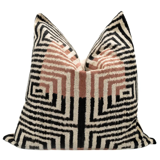 Canvello Handmade Silk Velvet Throw Pillow with Down Feather Insert – Maze Pattern in Black Grey and Terracotta