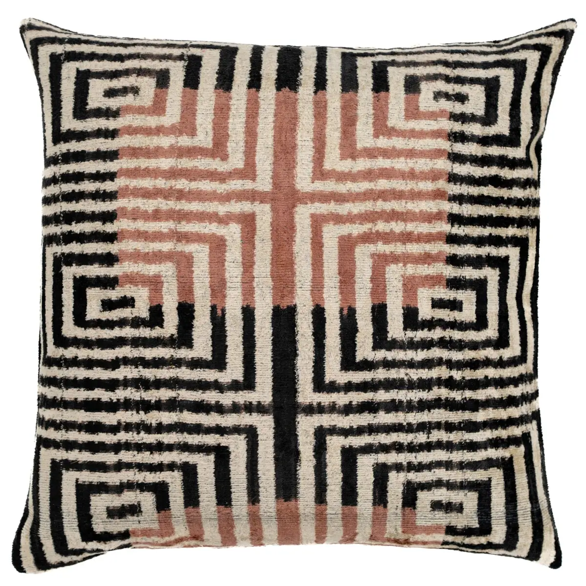 Canvello Handmade Silk Velvet Throw Pillow with Down Feather Insert – Maze Pattern in Black Grey and Terracotta