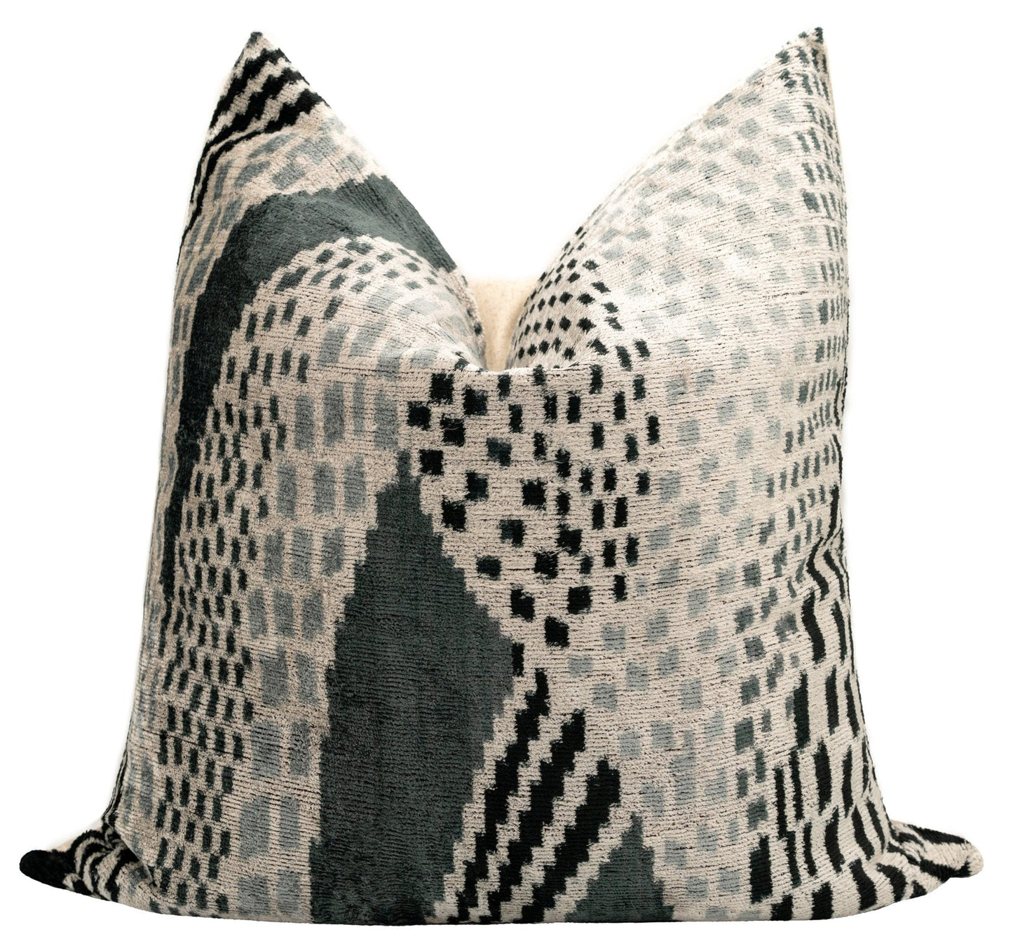 Canvello Handmade Silk Velvet Throw Pillow with Down Feather Insert – Geometric Black and Grey Design - 24"x24"