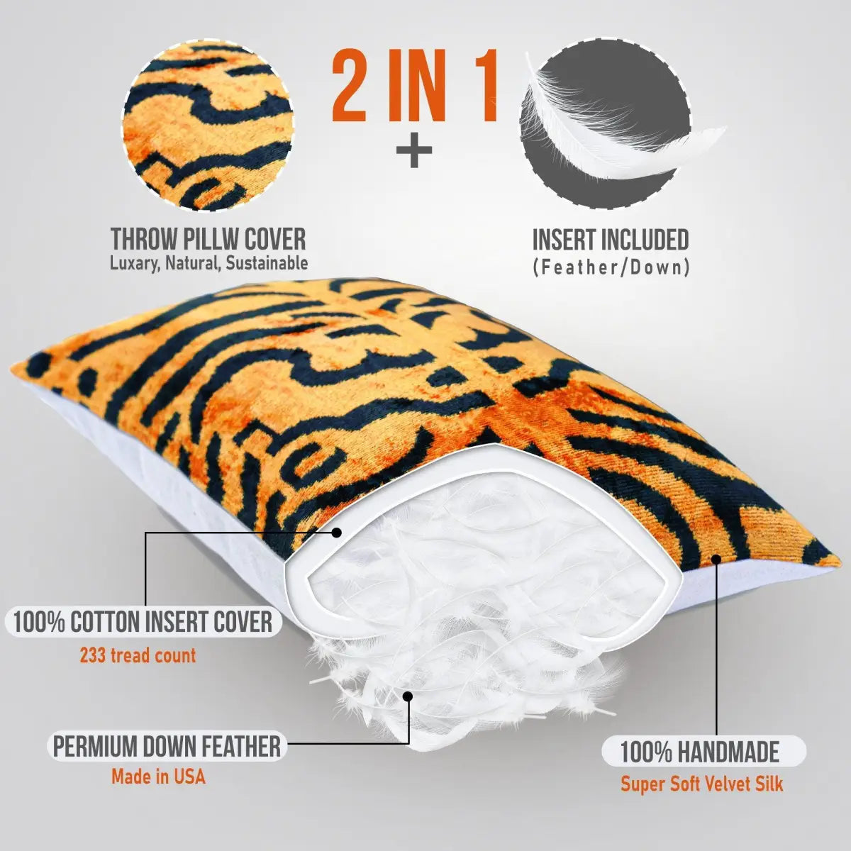 Canvello Handmade Tiger Print Velvet Throw Pillow with Down Insert - 16X24 - Canvello