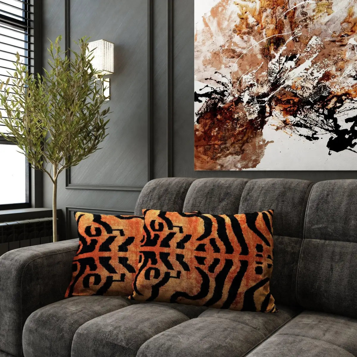 Canvello Handmade Tiger Print Velvet Throw Pillow with Down Insert - 16X24 - Canvello