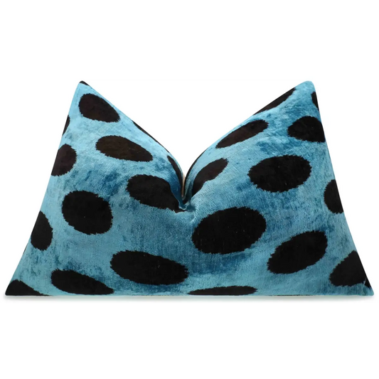 Canvello Handmade Velvet Lumbar Pillow in Blue and Black Polka Dot Design - High-Quality 16x24 Inch Decorative Accent