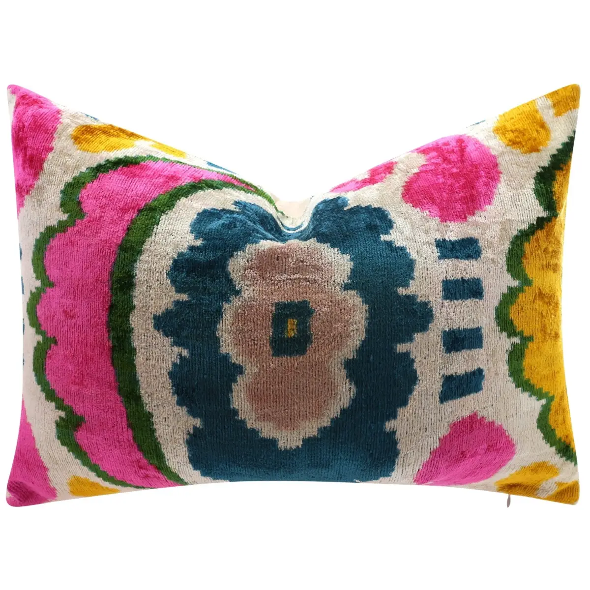 Canvello Handmade Velvet Lumbar Pillow in Bright Pink Teal and Yellow Floral Ikat Design - High-Quality 16x24 Inch