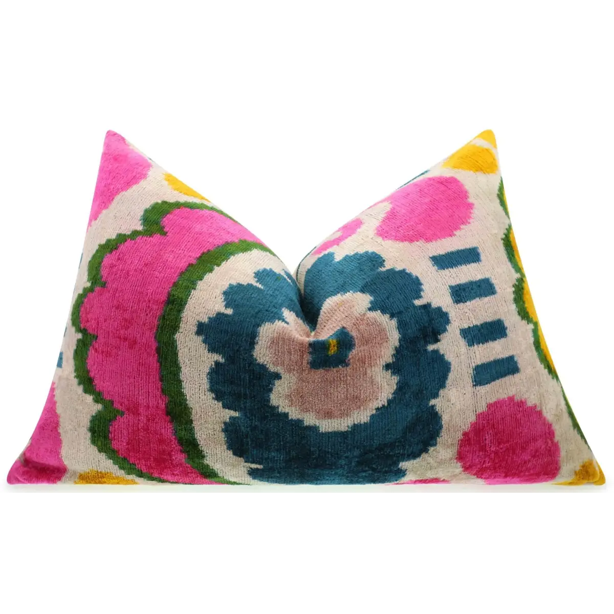 Canvello Handmade Velvet Lumbar Pillow in Bright Pink Teal and Yellow Floral Ikat Design - High-Quality 16x24 Inch