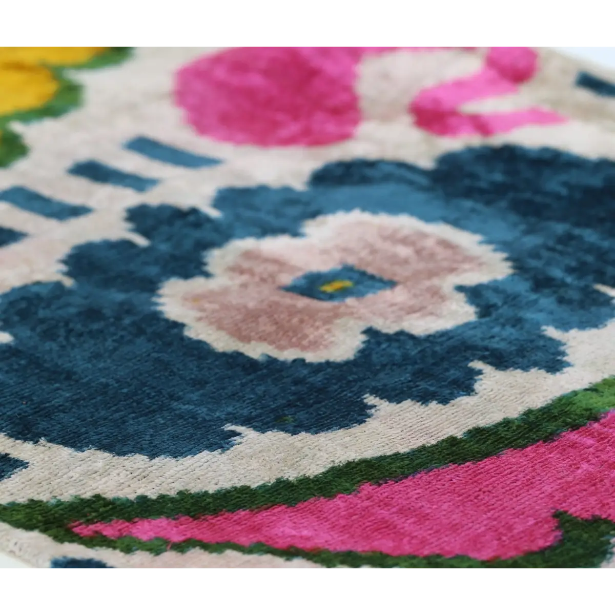 Canvello Handmade Velvet Lumbar Pillow in Bright Pink Teal and Yellow Floral Ikat Design - High-Quality 16x24 Inch