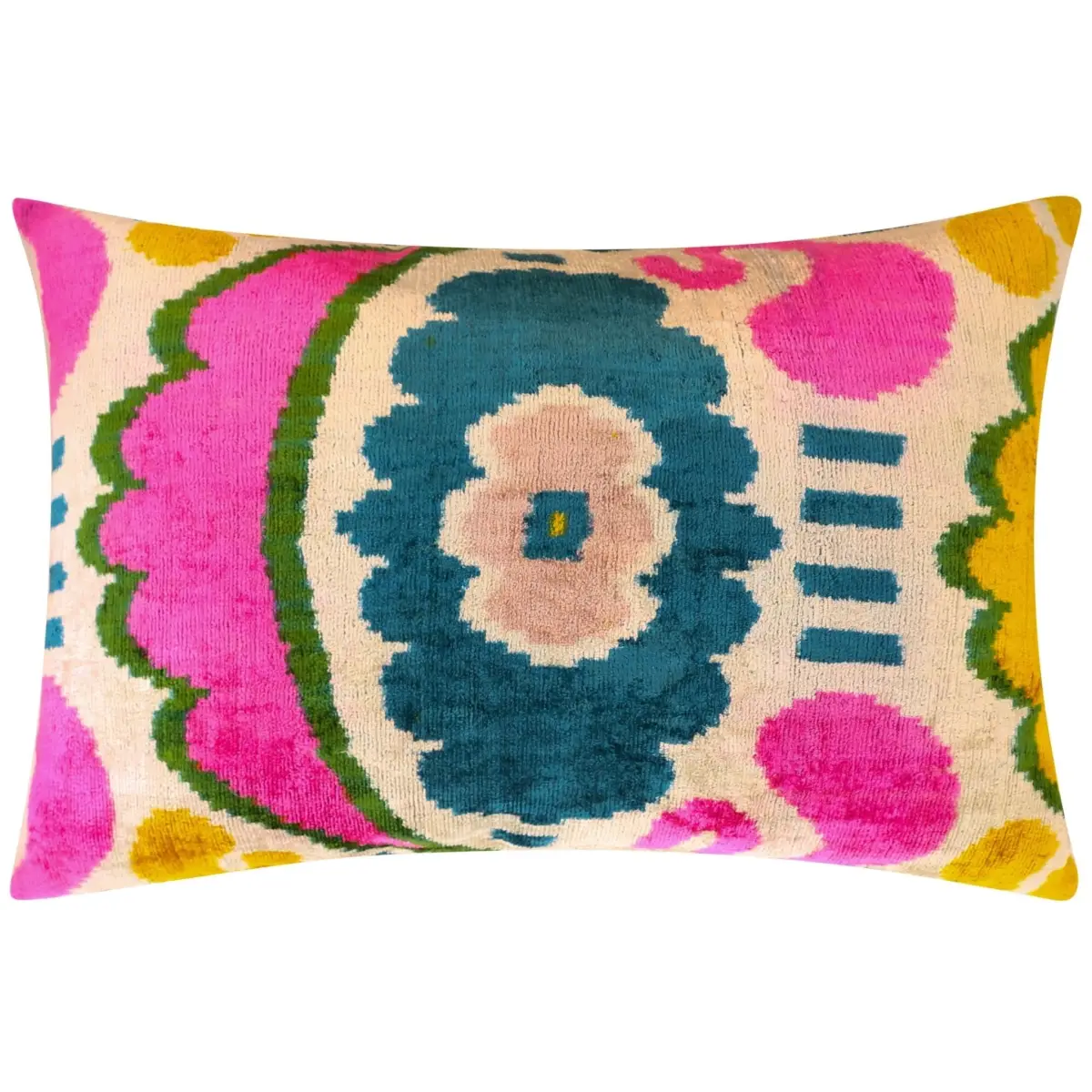 Canvello Handmade Velvet Lumbar Pillow in Bright Pink Teal and Yellow Floral Ikat Design - High-Quality 16x24 Inch