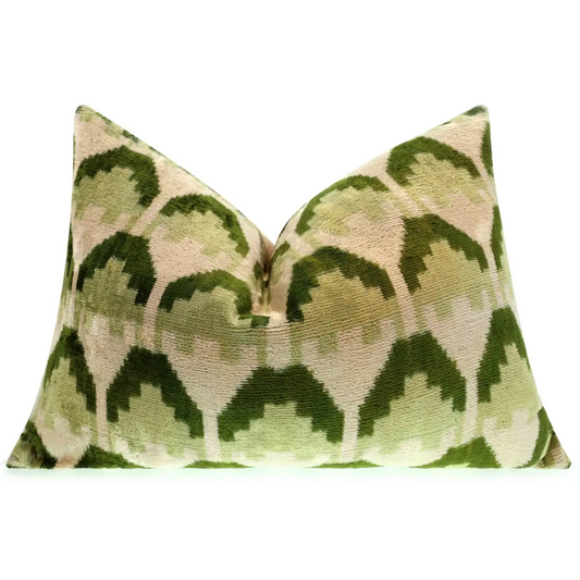 Canvello Handmade Velvet Lumbar Pillow in Green and Cream Ikat Design - High-Quality Decorative Accent with Premium