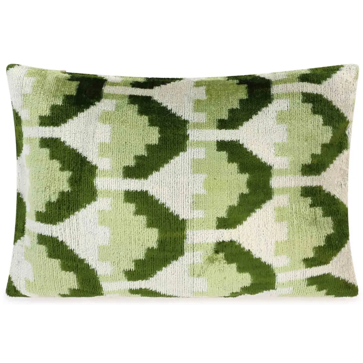 Canvello Handmade Velvet Lumbar Pillow in Green and Cream Ikat Design - High-Quality Decorative Accent with Premium