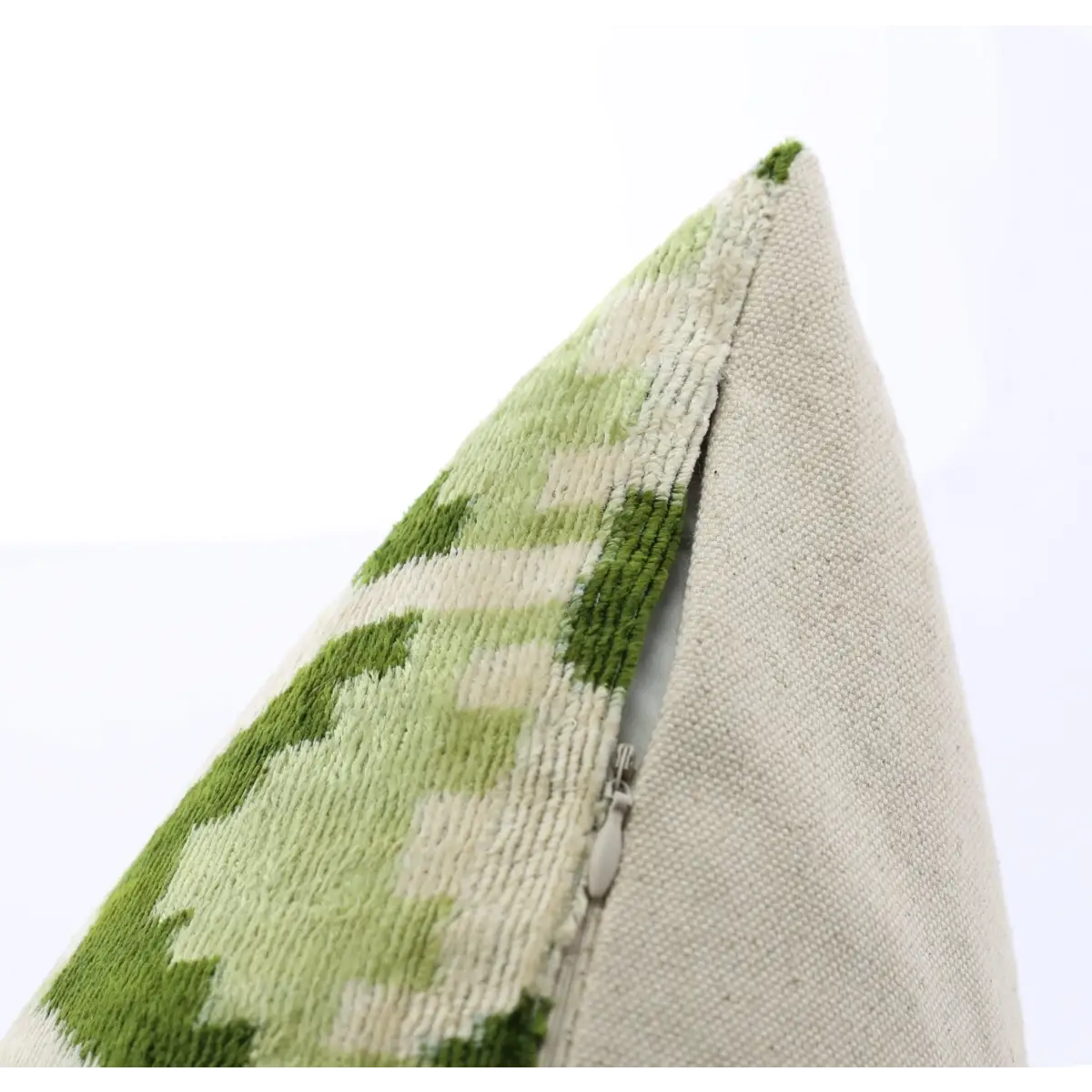Canvello Handmade Velvet Lumbar Pillow in Green and Cream Ikat Design - High-Quality Decorative Accent with Premium