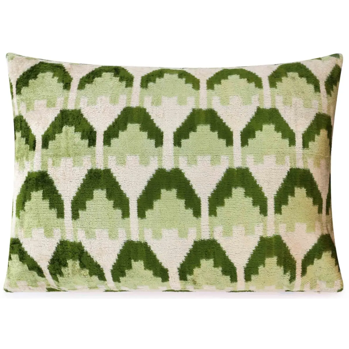 Canvello Handmade Velvet Lumbar Pillow in Green and Cream Ikat Design - High-Quality Decorative Accent with Premium