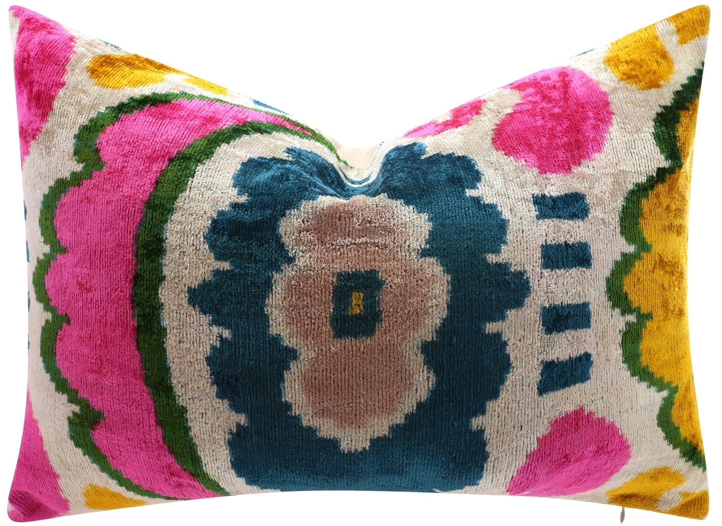 Almohada lumbar de terciopelo hecha a mano Canvello con diseño floral Ikat en rosa brillante, verde azulado y amarillo: detalle decorativo de alta calidad de 16 x 24 pulgadas para sofás, sillones y diseño de interiores