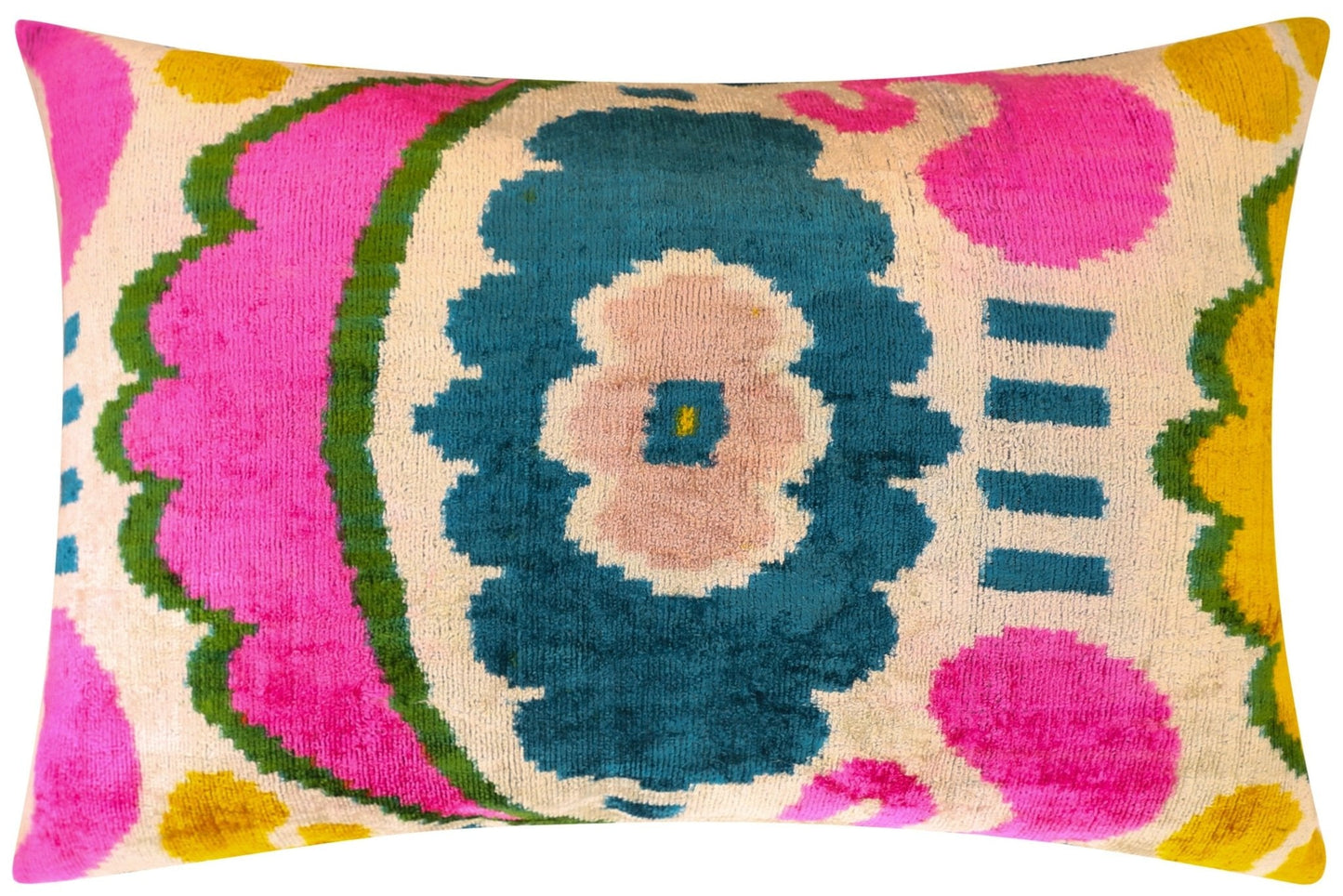 Almohada lumbar de terciopelo hecha a mano Canvello con diseño floral Ikat en rosa brillante, verde azulado y amarillo: detalle decorativo de alta calidad de 16 x 24 pulgadas para sofás, sillones y diseño de interiores