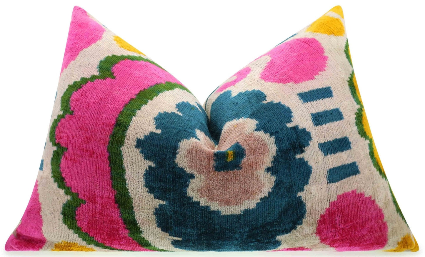 Almohada lumbar de terciopelo hecha a mano Canvello con diseño floral Ikat en rosa brillante, verde azulado y amarillo: detalle decorativo de alta calidad de 16 x 24 pulgadas para sofás, sillones y diseño de interiores