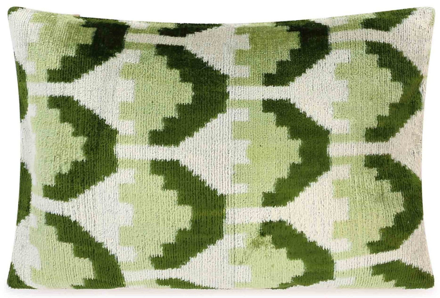 Coussin lombaire en velours fait main Canvello au motif Ikat vert et crème - Accent décoratif de haute qualité avec insert en plumes de duvet de qualité supérieure