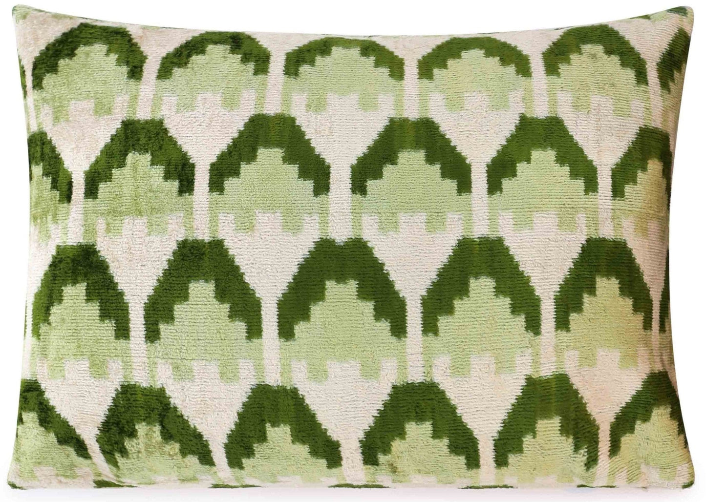 Coussin lombaire en velours fait main Canvello au motif Ikat vert et crème - Accent décoratif de haute qualité avec insert en plumes de duvet de qualité supérieure