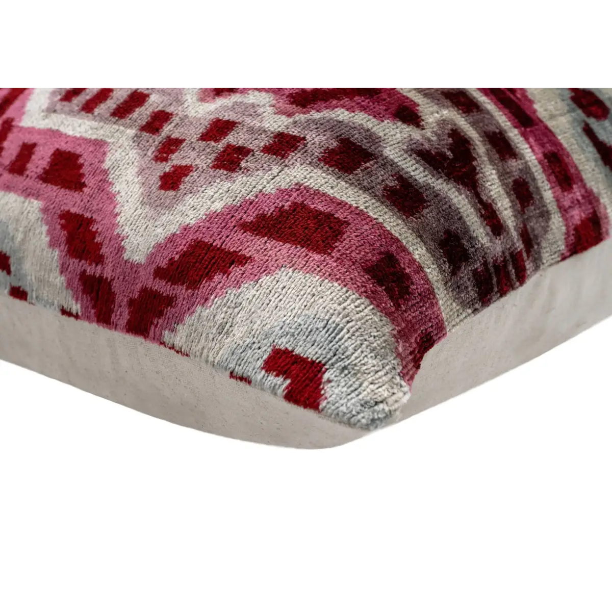 Canvello Handmade Velvet Throw Pillow with Red and Pink Ikat Design - High-Quality 20x20 Inch Decorative Accent