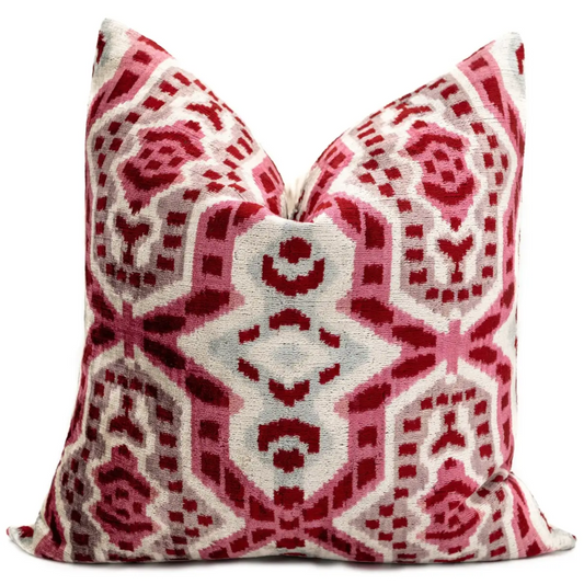Canvello Handmade Velvet Throw Pillow with Red and Pink Ikat Design - High-Quality 20x20 Inch Decorative Accent