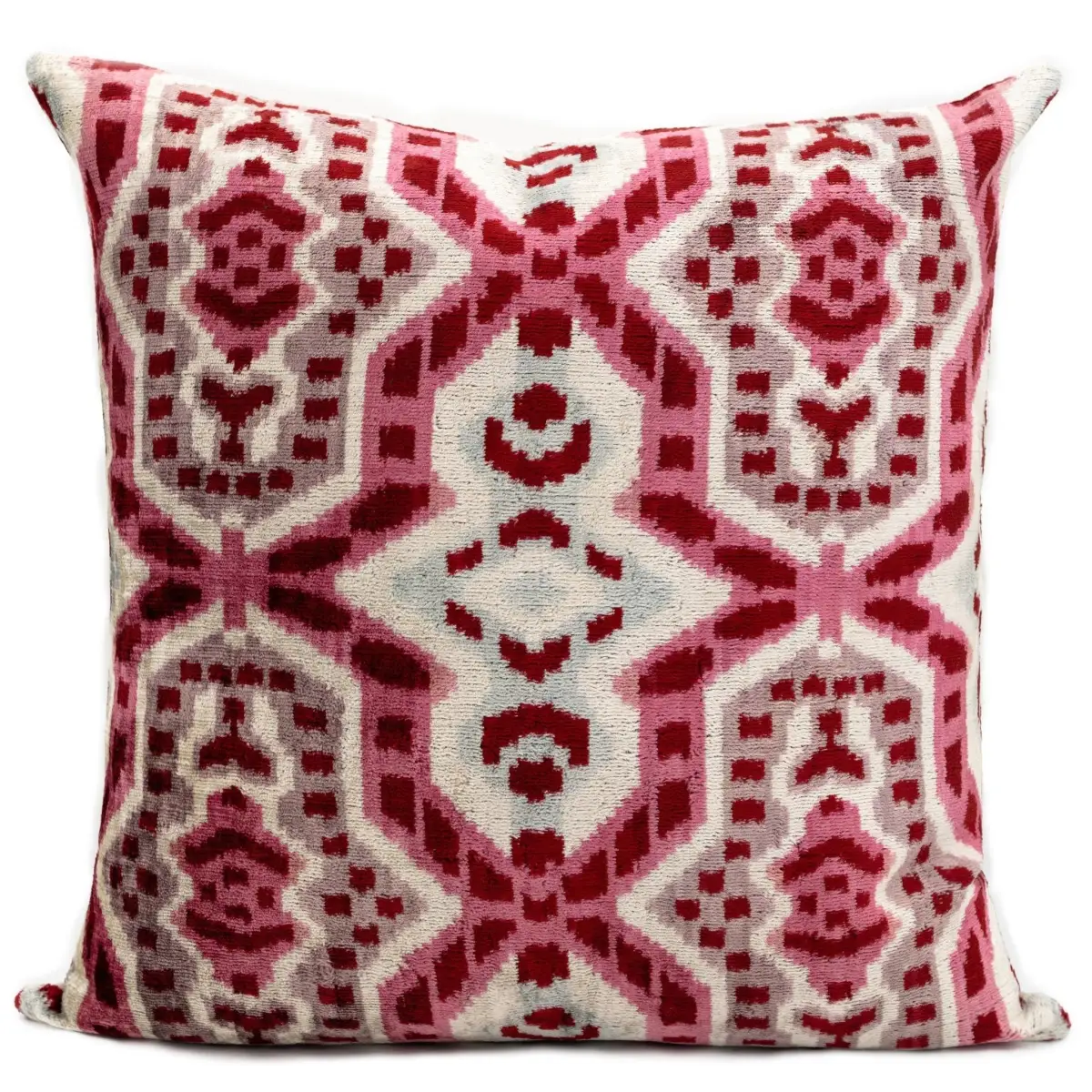 Canvello Handmade Velvet Throw Pillow with Red and Pink Ikat Design - High-Quality 20x20 Inch Decorative Accent
