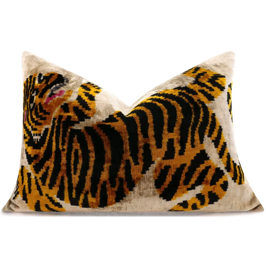 Canvello Luxury Velvet Lumbar Pillow,Tiger Design in Golden Black High-Quality 16x24 in Decorative Accent for Sofas