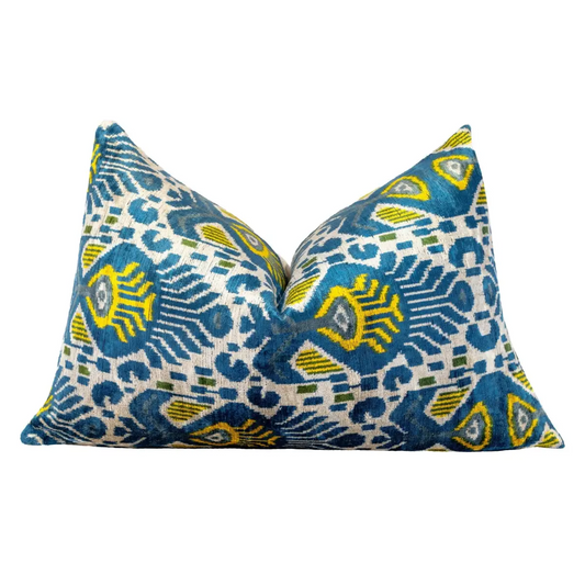 Canvello Organic Handmade Silk Velvet Pillow: 16x24 Inches with Premium Down Feather Insert - Luxury Blue Gold