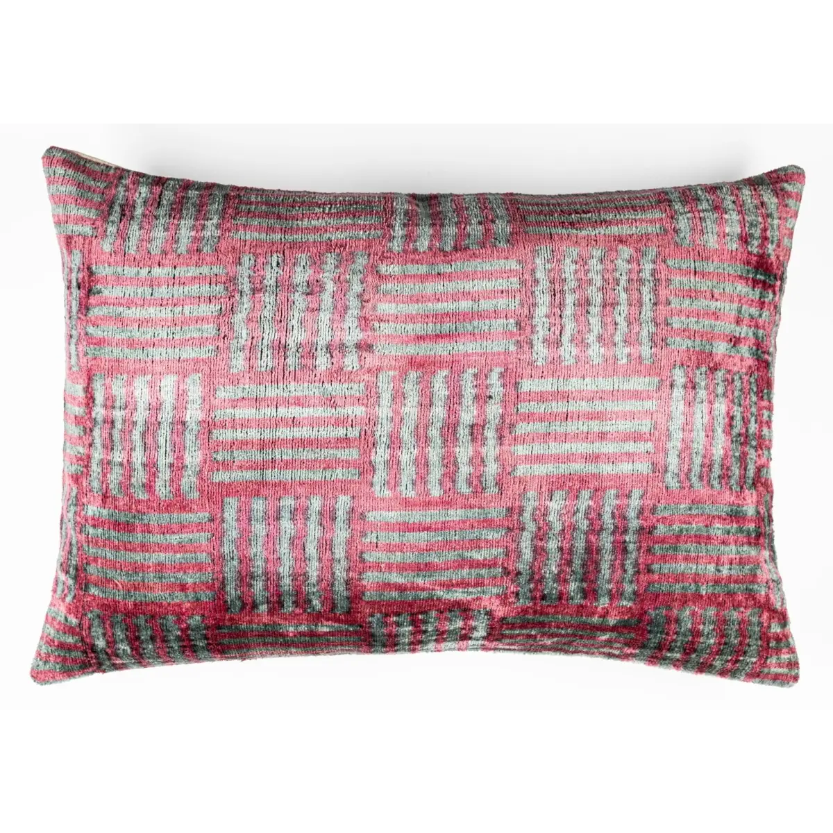 Canvello Organic Handmade Silk Velvet Pillow: 16x24 Inches with Premium Down Feather Insert - Luxury Red Gray Geometric