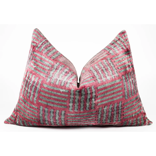 Canvello Organic Handmade Silk Velvet Pillow: 16x24 Inches with Premium Down Feather Insert - Luxury Red Gray Geometric