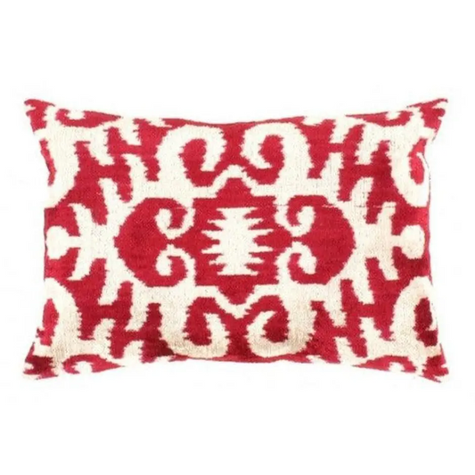Canvello Red White Designer Ikat Velvet Throw Pillow - 16’’ X 24’’ - Red - Canvello