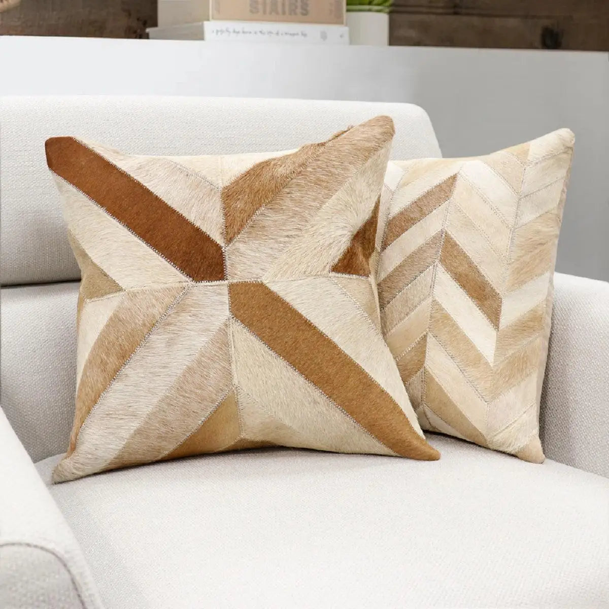 Canvello Safari Chevron L. Brown Cowhide 17’’ Decorative Throw Pillow - L. Brown / 17’’ x 17’’ - Canvello