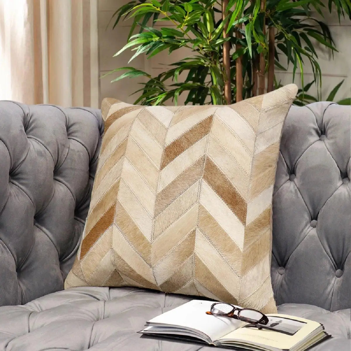 Canvello Safari Chevron L. Brown Cowhide 17’’ Decorative Throw Pillow - L. Brown / 17’’ x 17’’ - Canvello