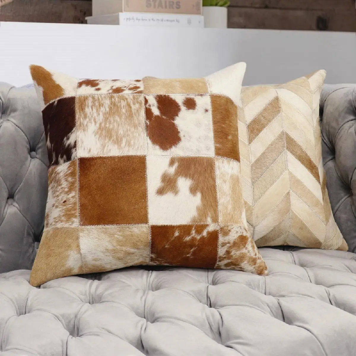 Canvello Safari Chevron L. Brown Cowhide 17’’ Decorative Throw Pillow - L. Brown / 17’’ x 17’’ - Canvello