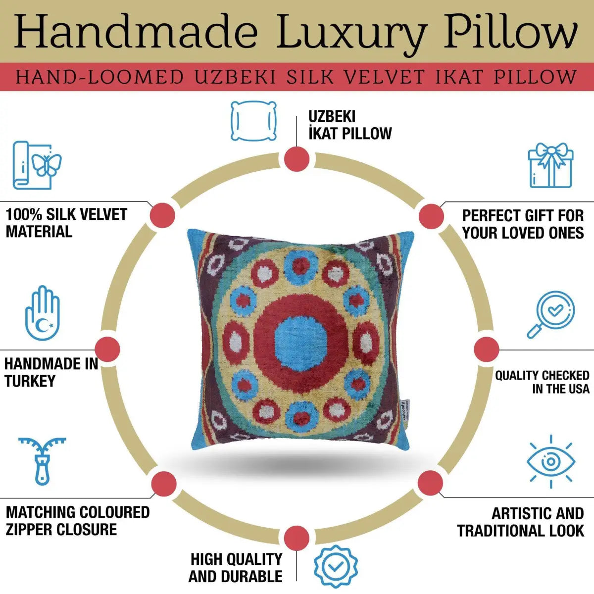 Canvello Silk Velvet Gold Blue Red Pillows - 16x16 - Canvello