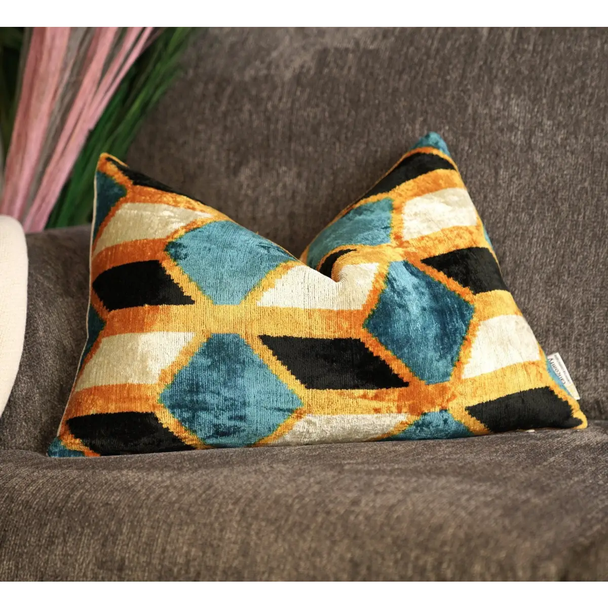 Canvello Soft Velvet Blue Gold Black Pillows For Sofa - 16X24 - Canvello
