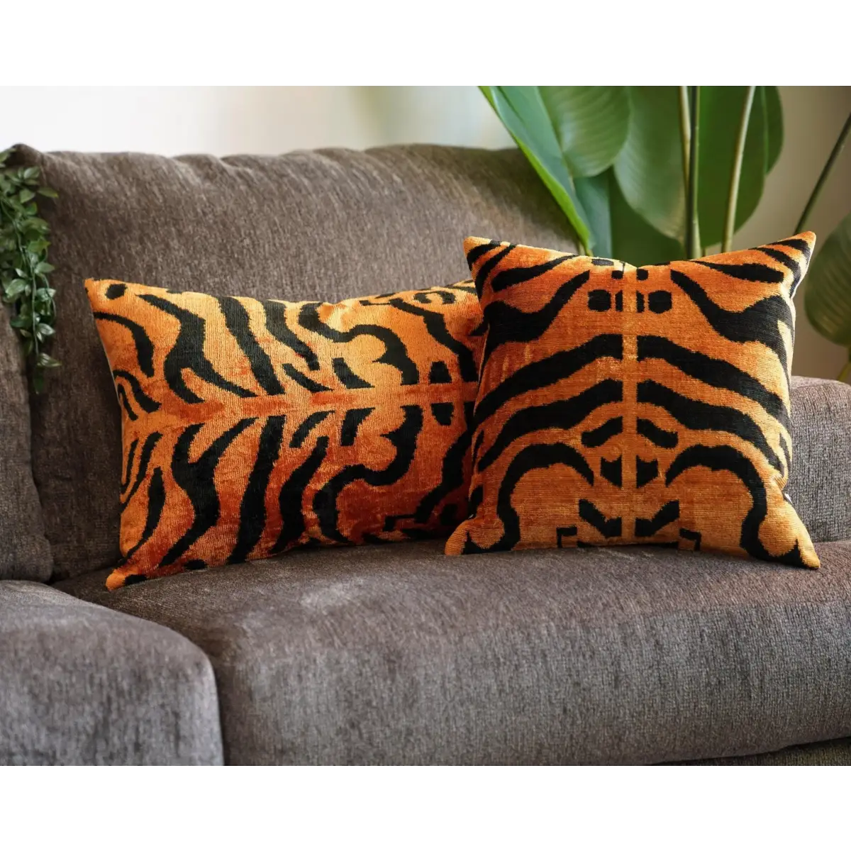 Canvello Tiger Print Burnt Orange Throw Pillow | 16x24 | 16x16 |Set of 2| - Canvello