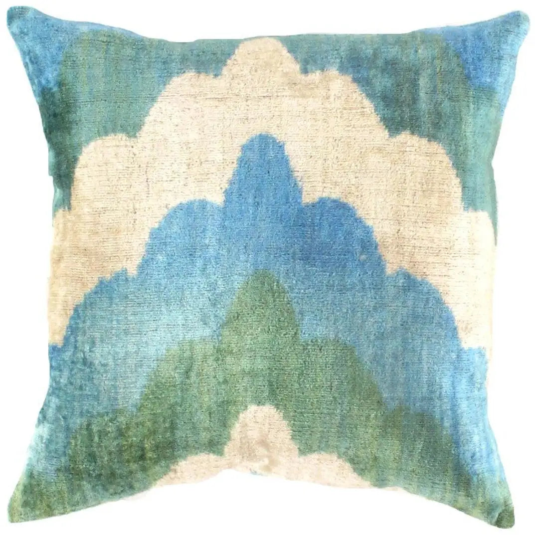 Luxury Silk Velvet Pillow - Turkish Blue Beige Silk Ikat Square 20x20’’ - Canvello