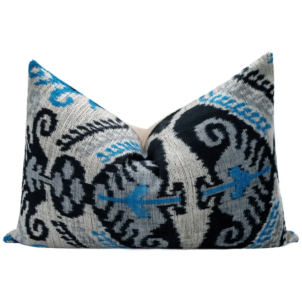 Canvello Unique THROW PILLOW + Down Feather Couch Cushion Luxury Fabric Decorative Black Blue Silk VELVET Ikat Lumbar