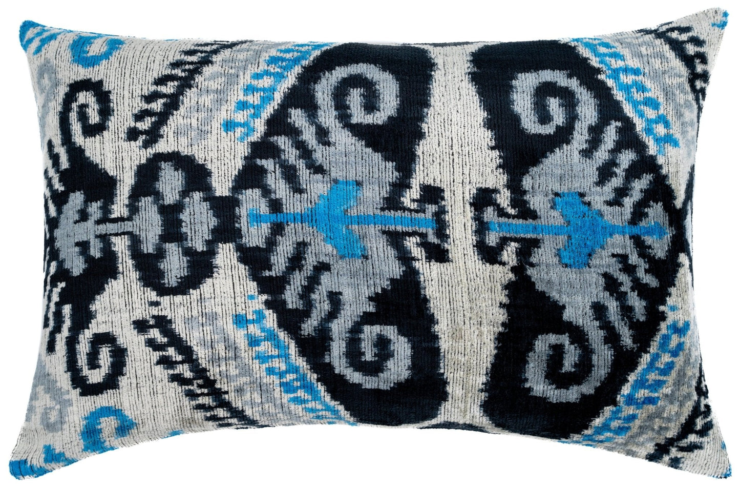 ALMOHADA EXCLUSIVA CANVELLO, + PLUMAS DE AGUA, COJÍN PARA SILLÍN, TELA DE LUJO, ALMOHADA ESTILO IKAT DE SEDA AZUL NEGRA DECORATIVA, 16 X 24 