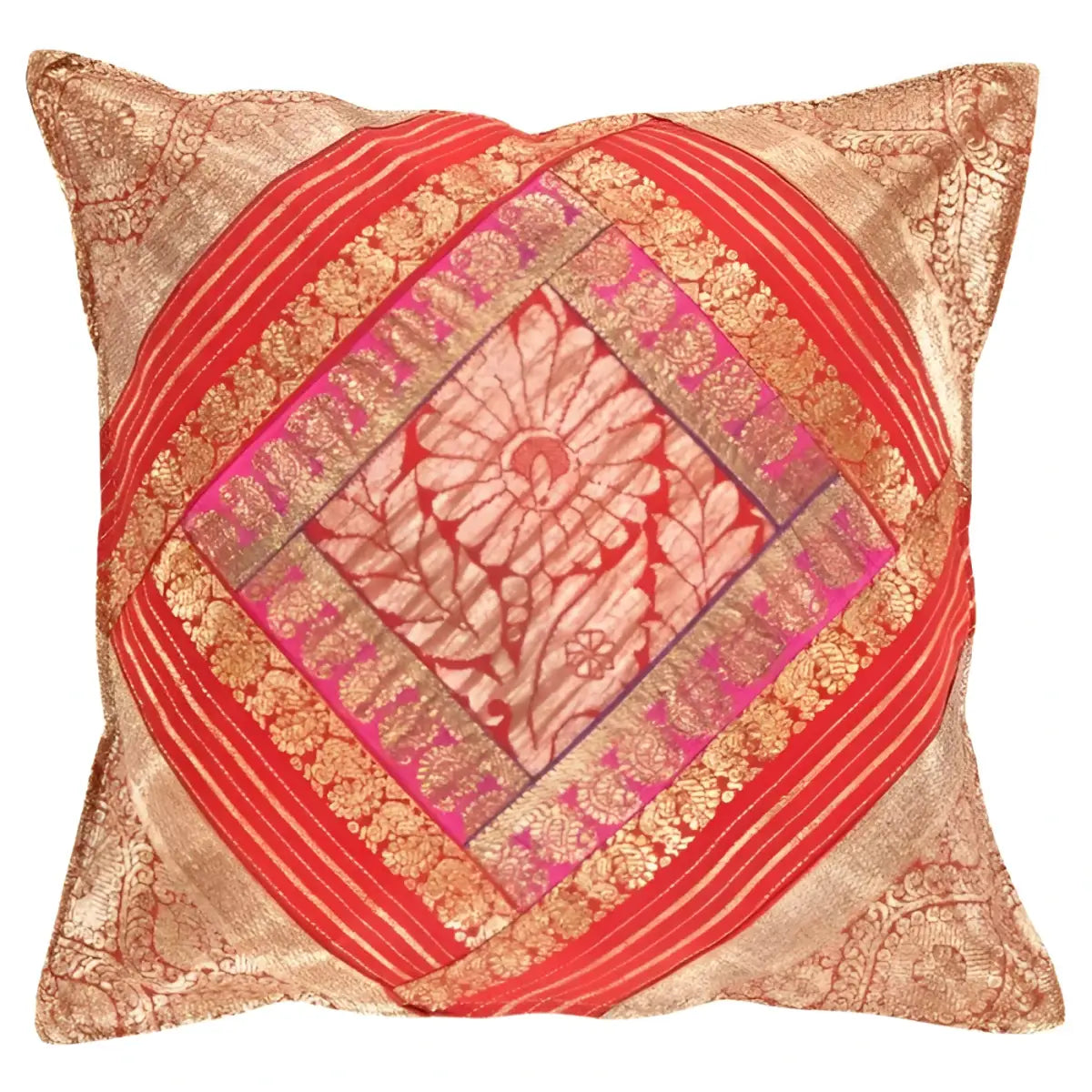 Canvello Vintage Design Sari Silk Square Pillow - 16’’ X 16’’ - Red / 16’’ X 16’’ - Canvello