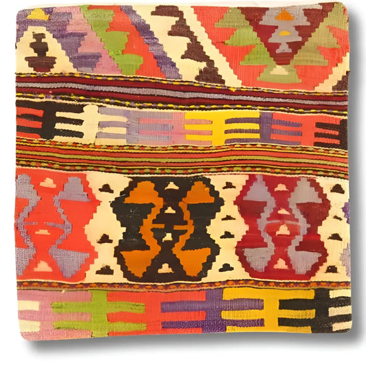Canvello Vintage Hand Knotted Turkish Kilim Pillow - 20’’x 20’’ - Rust - Olive - Brown - Beige - Canvello