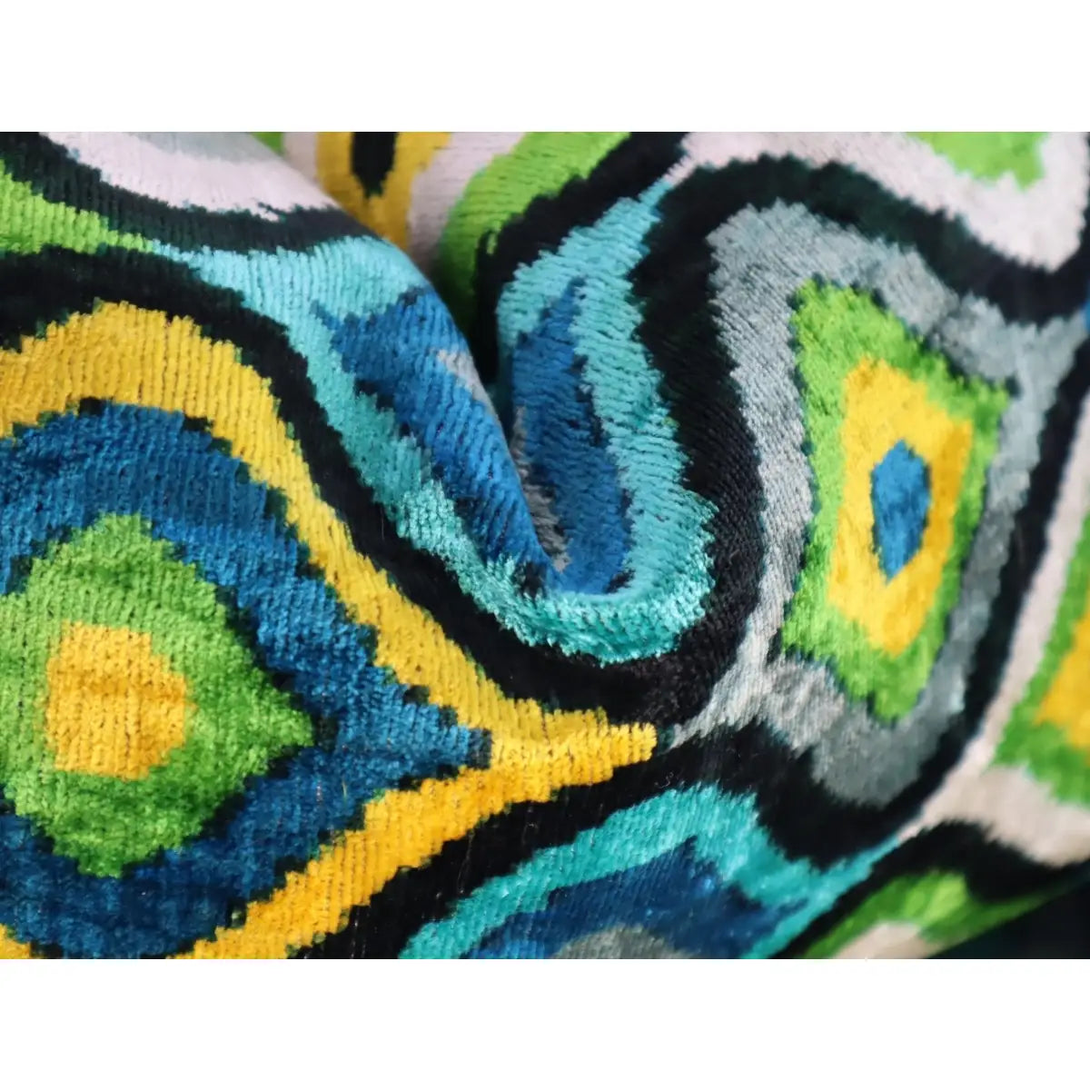 Luxury Silk Velvet Pillow - Yellow Blue Ikat Lumbar 16x24’’ - Canvello