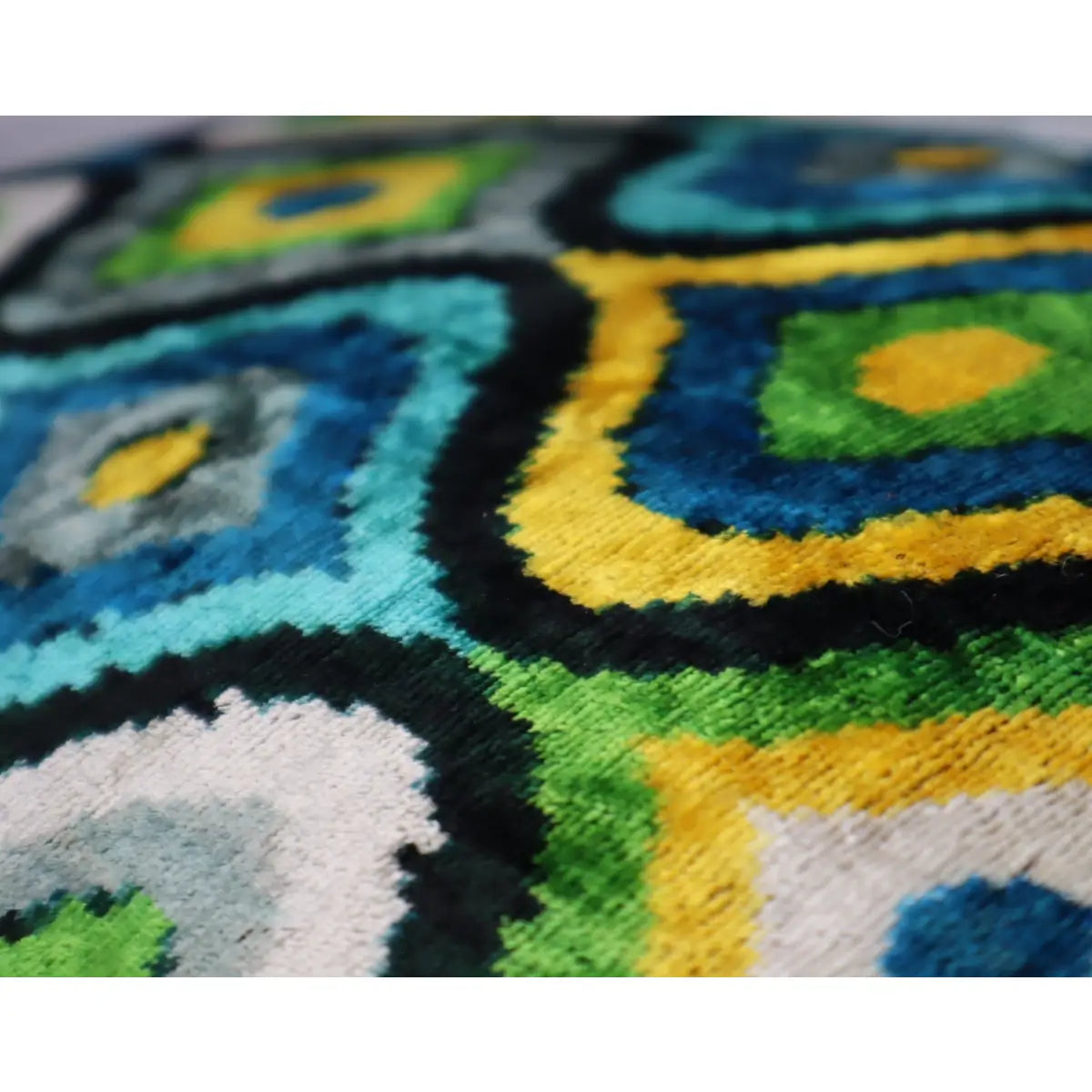 Luxury Silk Velvet Pillow - Yellow Blue Ikat Lumbar 16x24’’ - Canvello