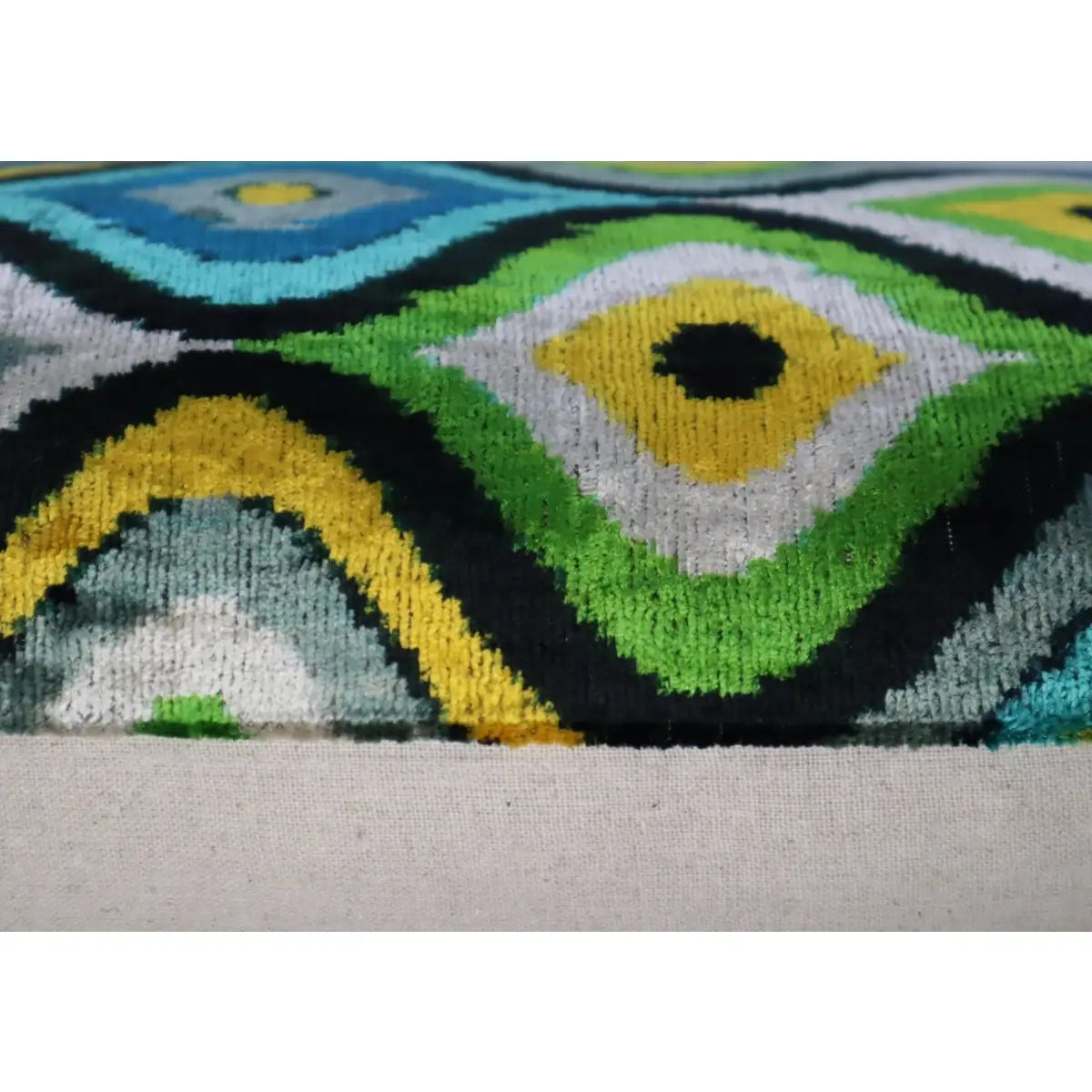 Luxury Silk Velvet Pillow - Yellow Blue Ikat Lumbar 16x24’’ - Canvello