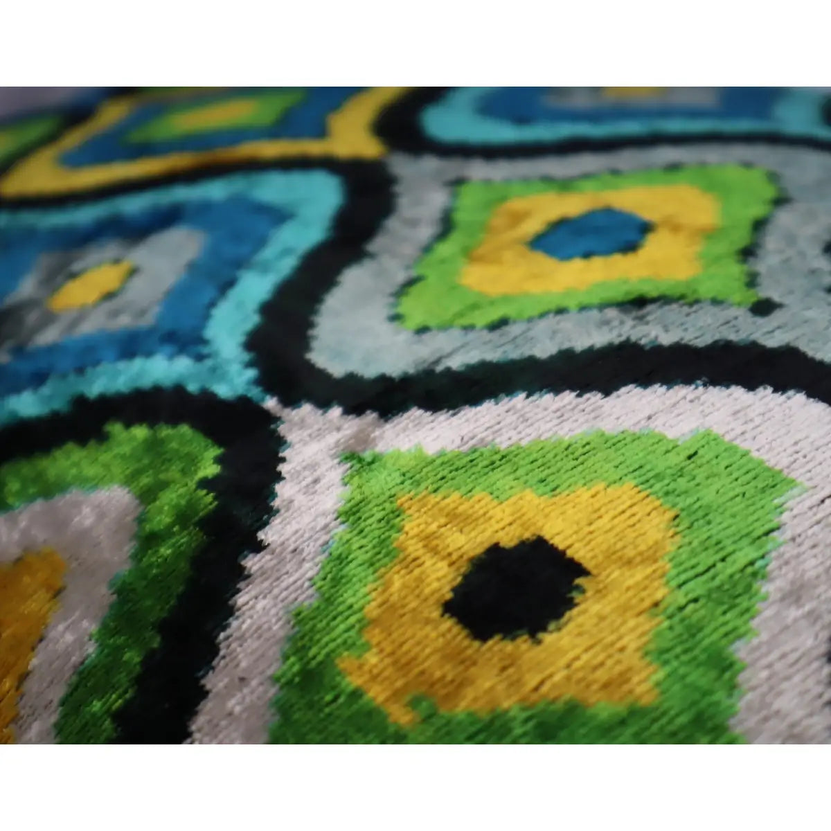 Luxury Silk Velvet Pillow - Yellow Blue Ikat Lumbar 16x24’’ - Canvello