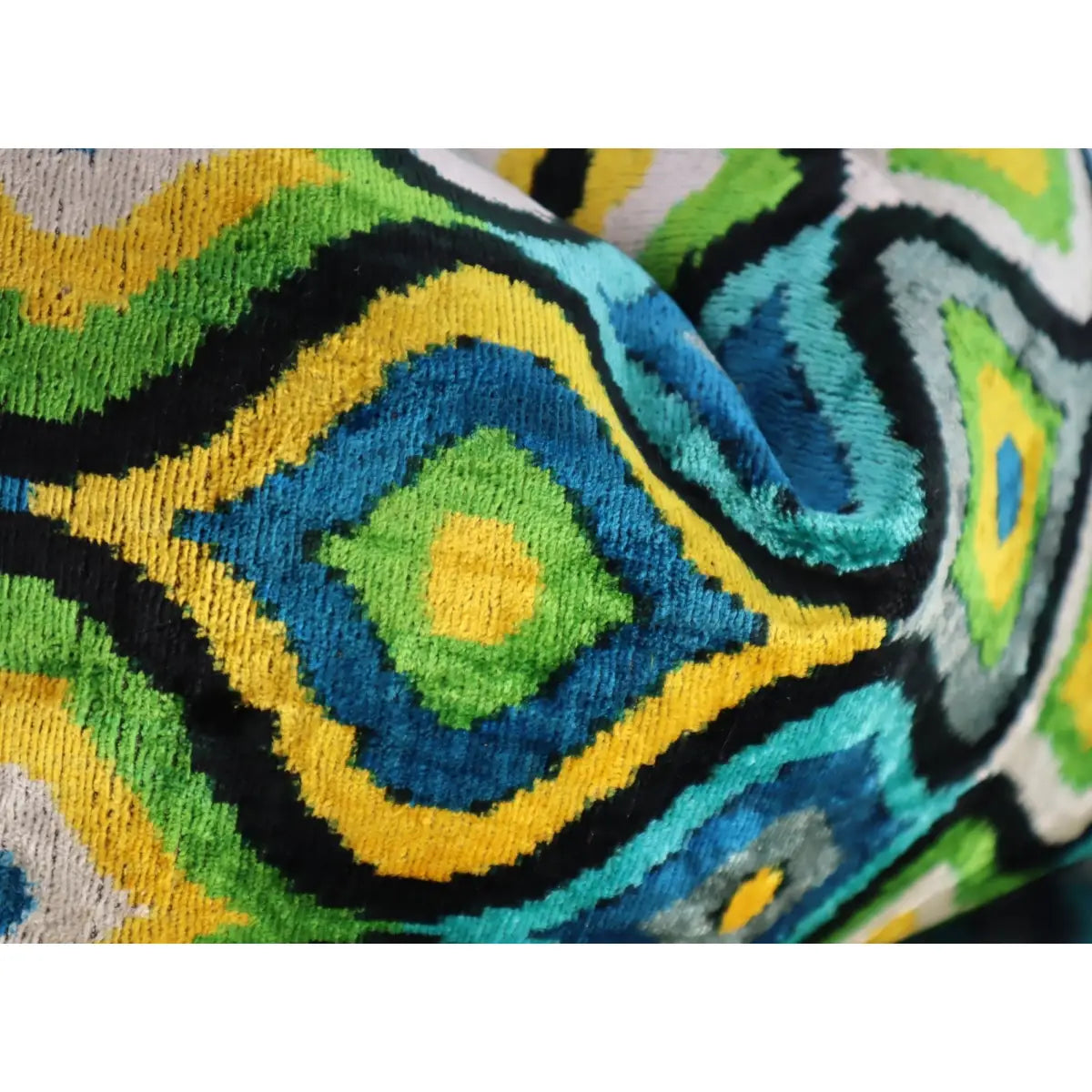 Luxury Silk Velvet Pillow - Yellow Blue Ikat Lumbar 16x24’’ - Canvello