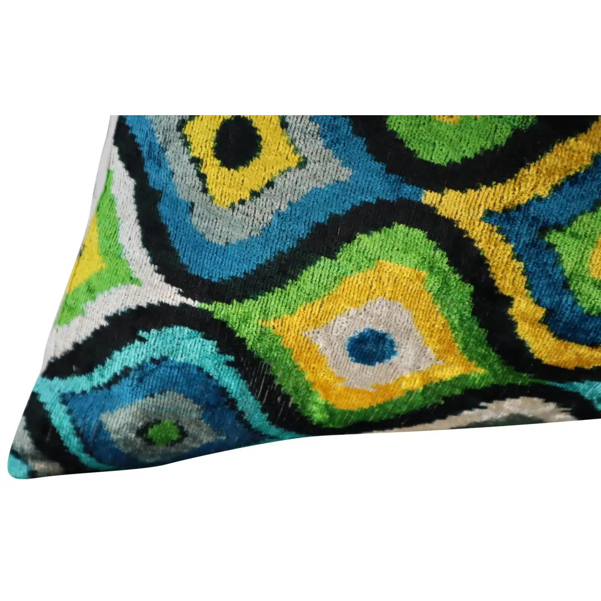 Luxury Silk Velvet Pillow - Yellow Blue Ikat Lumbar 16x24’’ - Canvello